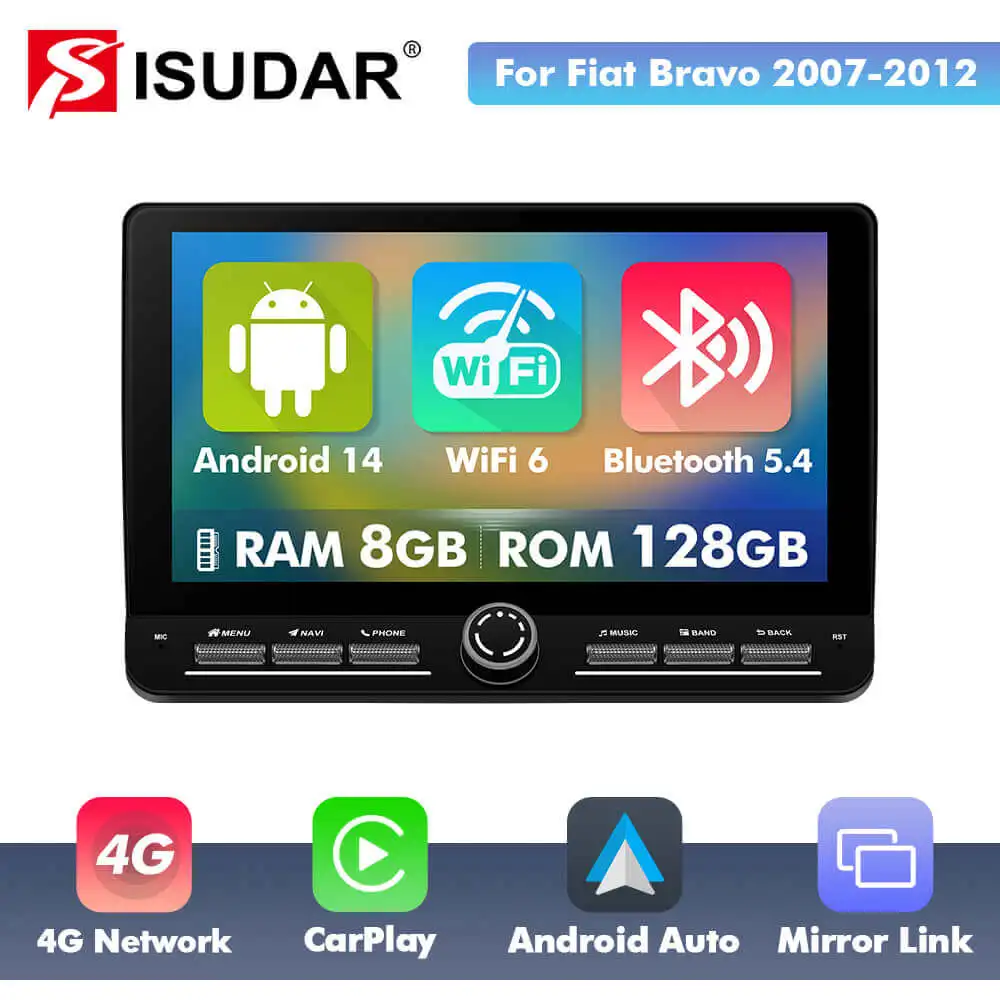 10.1 Inch Isudar Android 14 Car Radio for Fiat Bravo 2007-2012 CarPlay Android Auto Multimedia Player Stereo Camera GPS No 2din