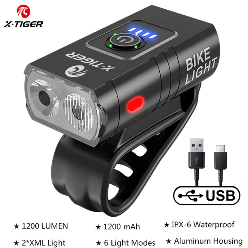 X-TIGER Rainproof Bicycle Light USB Rechargeable LED 1200 Lumens MTB Road Bike Front Lamp Flashlight 1200 mAh Cycling Headlight