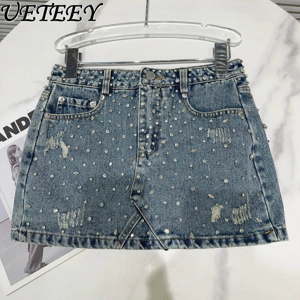 

Summer New Style Fried Street Hot Girl Short Skirts Heavy Industry Rhinestone Beaded Ripped Denim Mini Skirt for Women