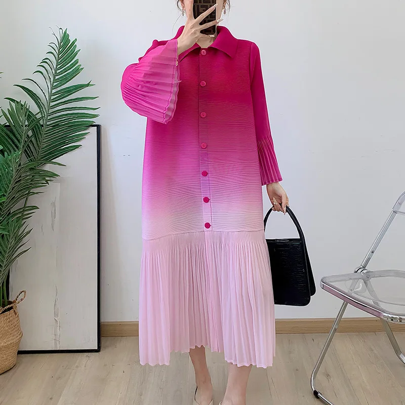 Miyake Factory Direct Sales 2025 Spring And Summer New Pleated Fashion Print Cardigan Lapel Dress Women Loose Casual Dress