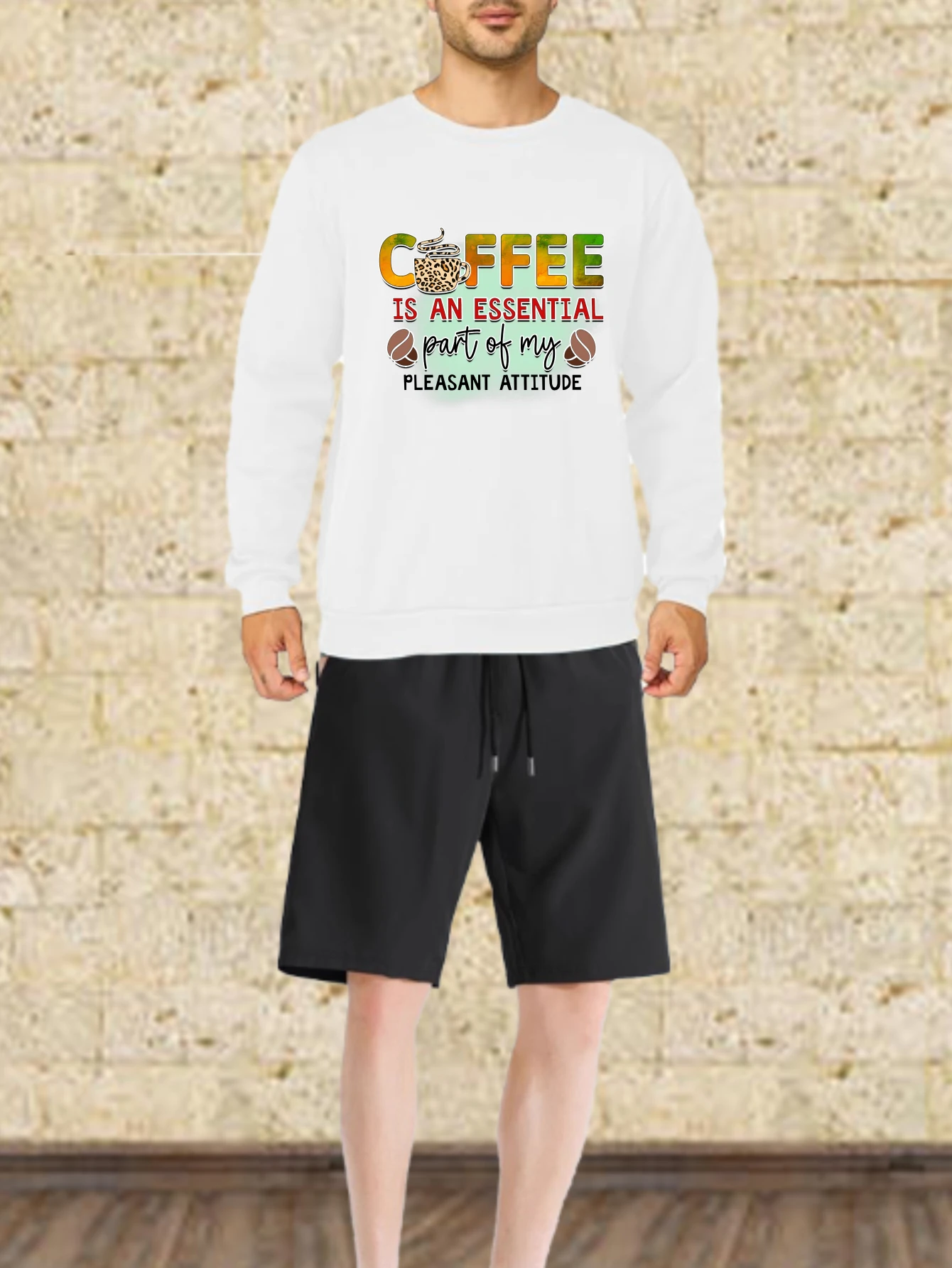 مجموعات الرجال الخريف التجفيف السريع القهوة الأساسية المطبوعة الجرافيك تي شيرت دعوى 2 قطعة مجموعة بدلة رياضية طويلة الأكمام المحملة + السراويل