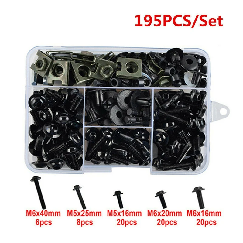 195PCS Universal Motorcycle Fairing Bolts Motorcycle Body Modification Bolts for Suzuki GSXR 600 750 1000 Black