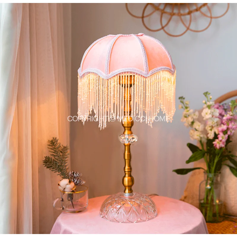 Medicci Home Retro Velvet Pink Lampshade With Beaded Tassel Girls Bedroom INS European Luxe Lamp Cover Replacement Dropshipping