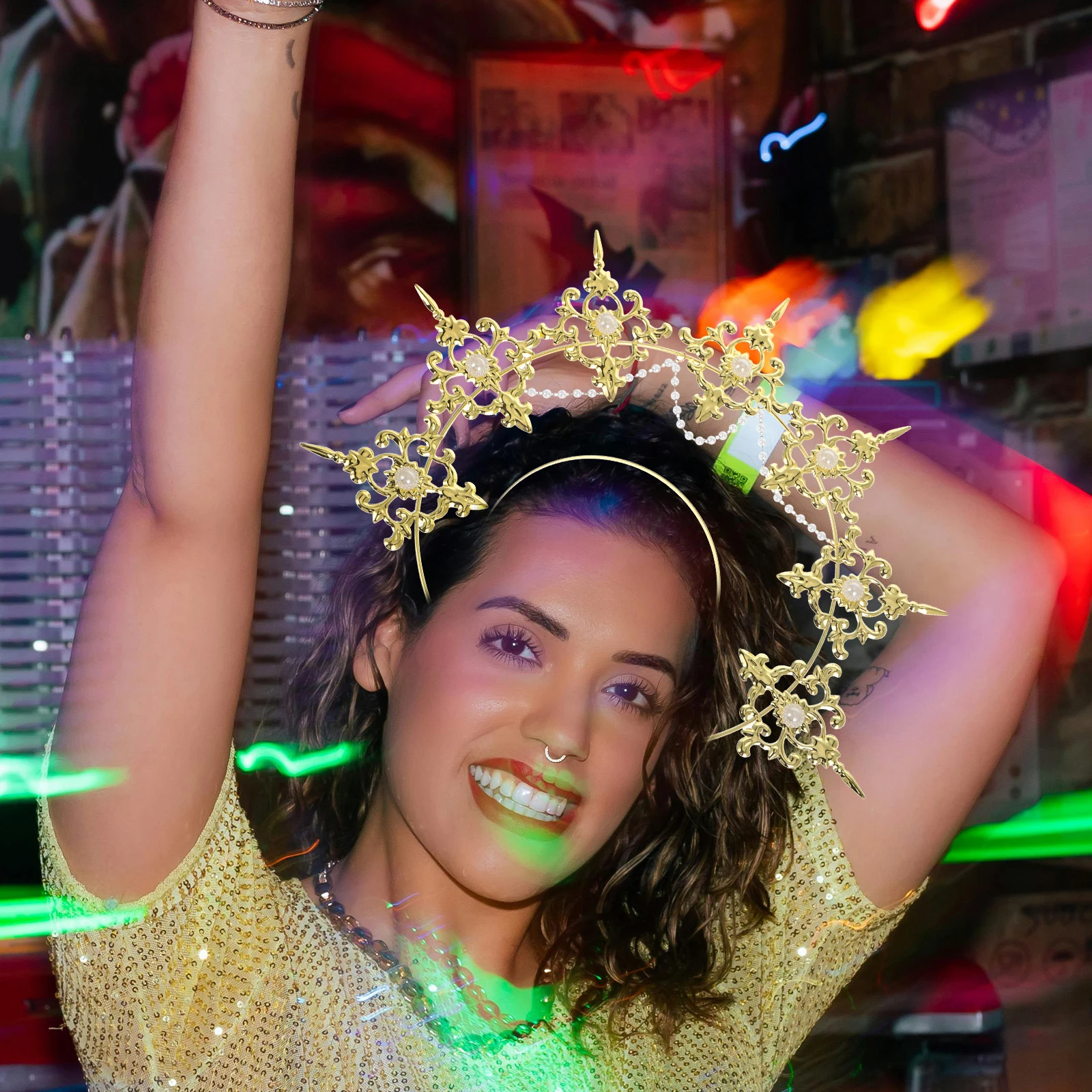 

Golden Headband Crown Goddess Alloy Flame Futuristic Prom Women Party Wedding Halloween Costume Accessory Lightweight Metal
