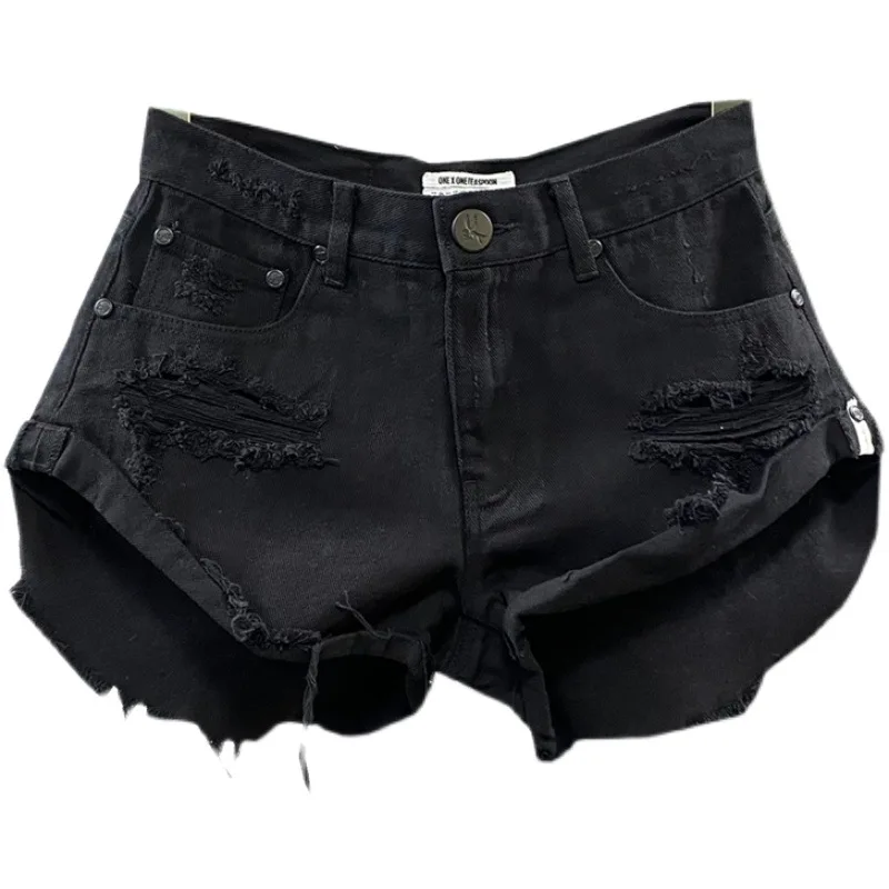 Black Denim Shorts Women's Torn Holes Rough Edges Jeans Shorts 2024 New Summer Korean Low-rise A-shaped Hot Pants