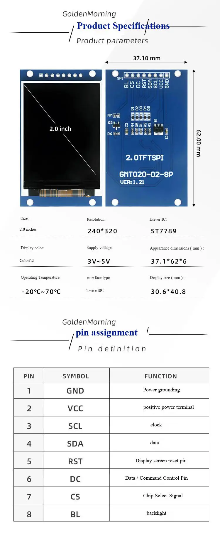 2,0-Zoll-TFT-LCD-Bildschirm ST7789 kleiner Bildschirm 240x320 Display LCD-Farbbildschirm SPI-Modul – Detail 2