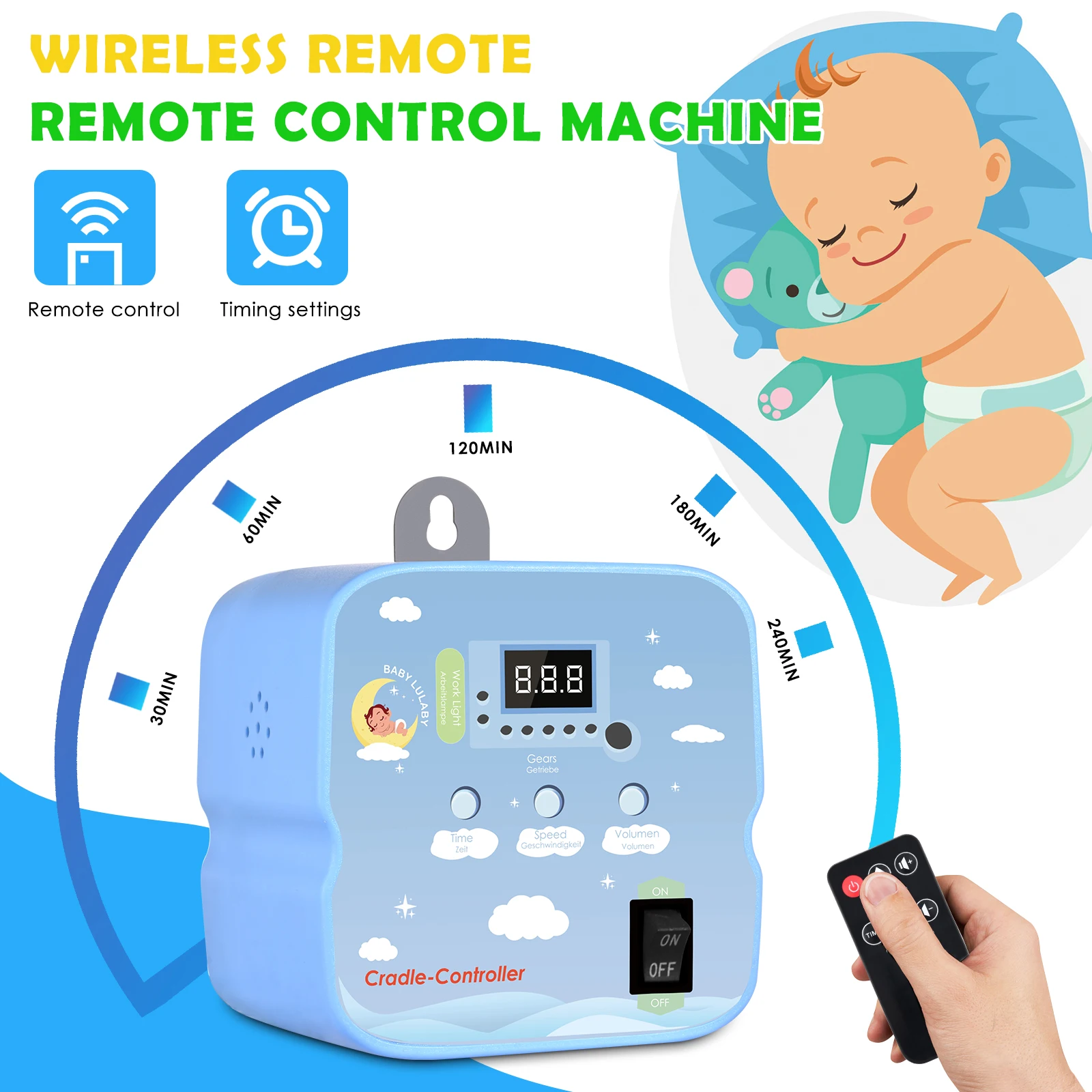 Elektrischer Babyschaukel-Controller mit 2 Stück Druck- und Fernbedienung, elektrische Motorfederhalterung mit einstellbarem Timer bis zu 20 kg