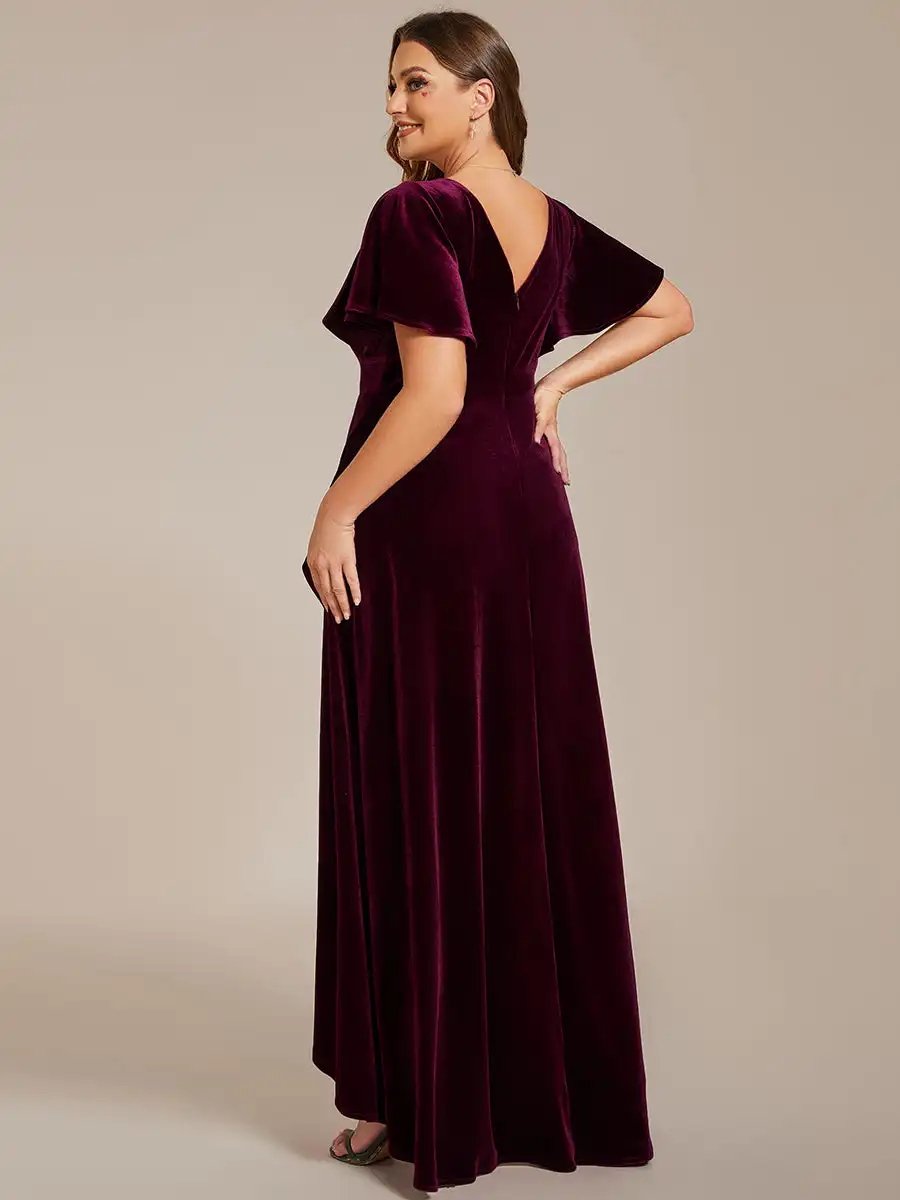 Plus Size Evening Dresses Deep V-Neck Lotus Leaf Ruffles Backless 2025 Ever Pretty of Velvet fabric Burgundy Bridesmaid dress