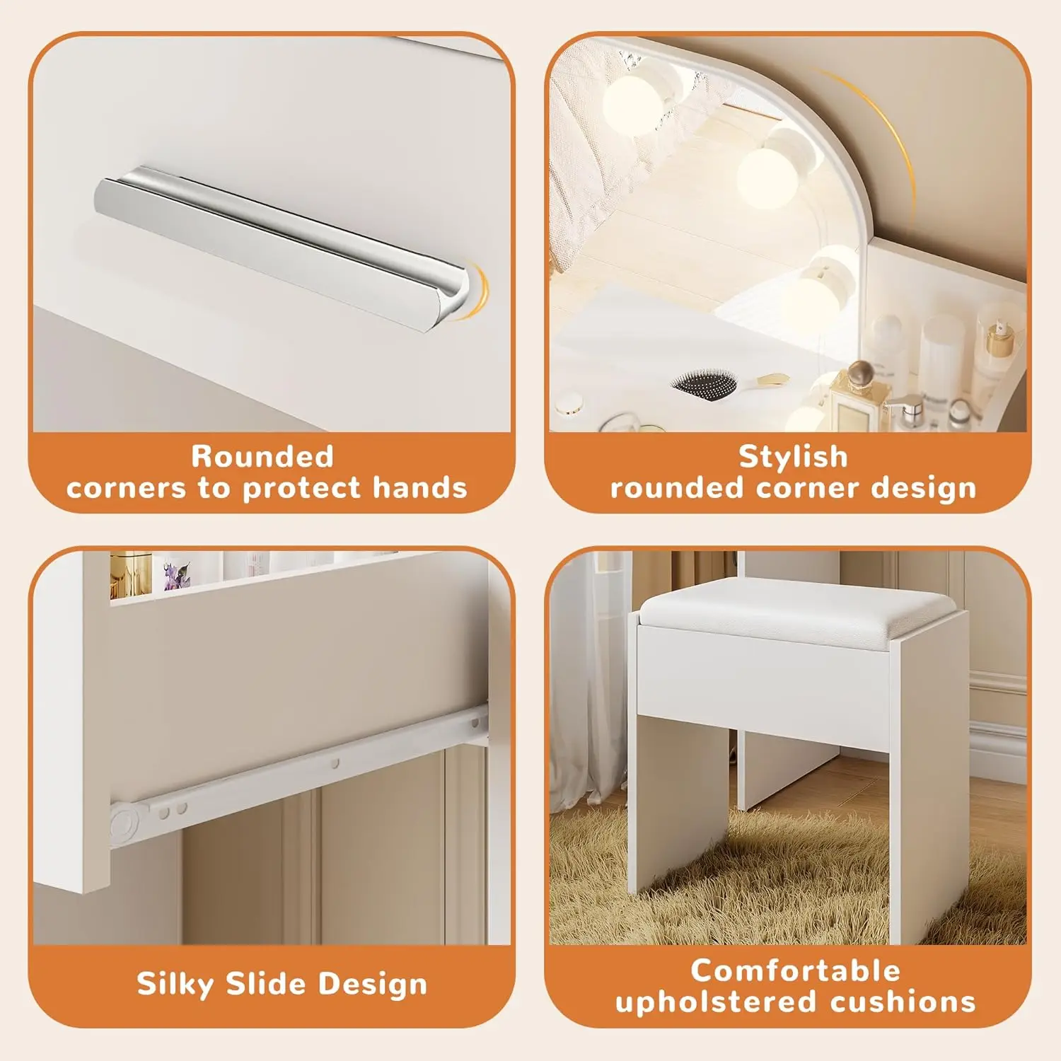 White Makeup Vanity Desk for Girls in Small Spaces, Compact with 3 - Color Lights view 4