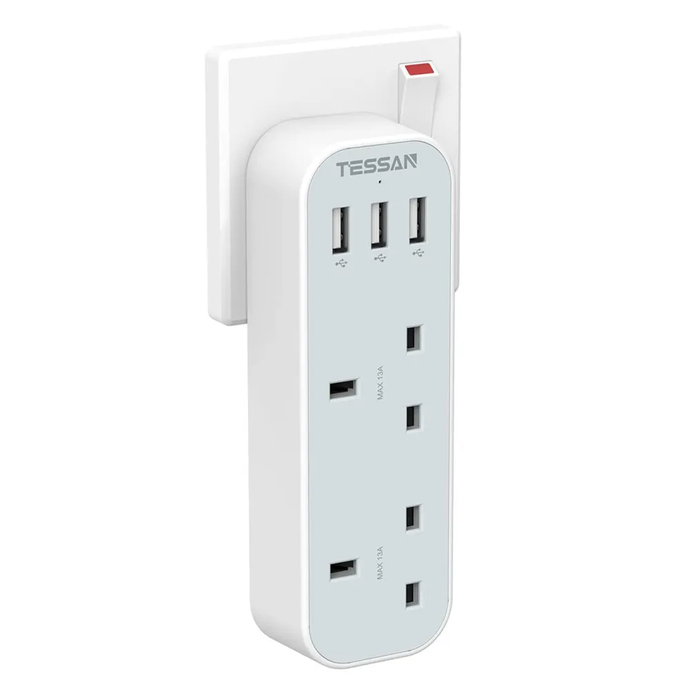 

TESSAN UK Plug Extension Socket Power Strip with 2 AC Outlets 3 USB Ports 5 In 1 Vertical UK Wall Socket Adapter for Home Office