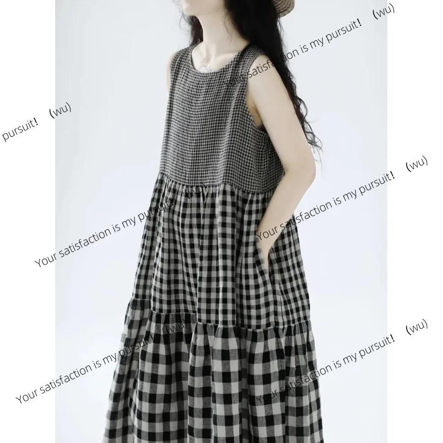 

ZOCI-Summer A-shaped loose and light cotton plaid splicing medium and long skirt
