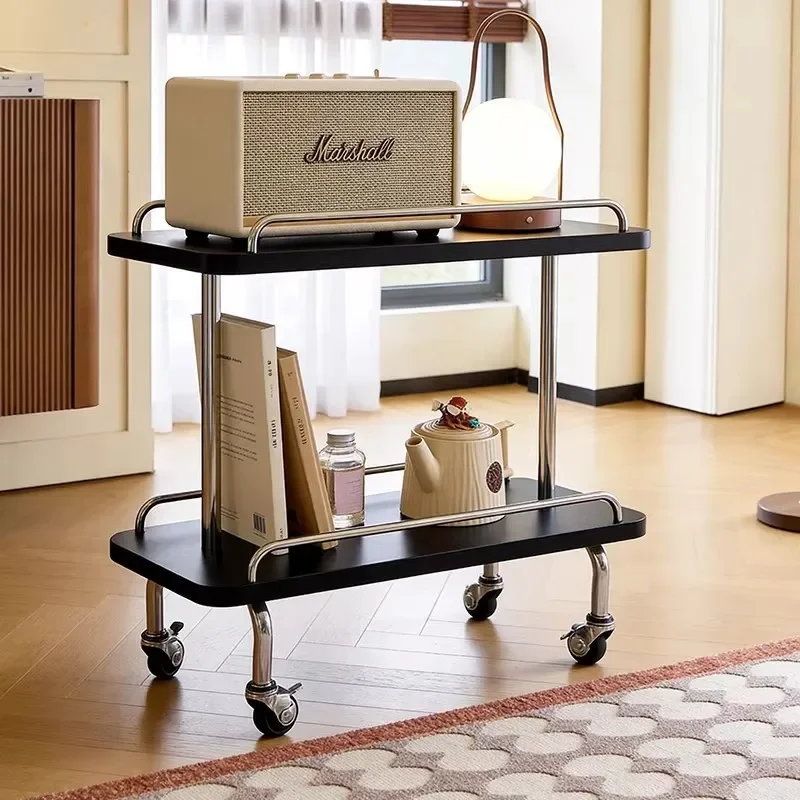 Solid wood movable side few living room trolley with universal wheel