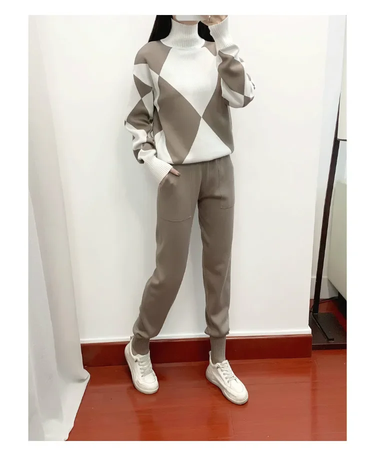 Korean Casual Knit 2-piece Pant Sets Women Set Mock Neck diamond checkered long sleeve Pullover+Harlan pant Suit pockets Lace up