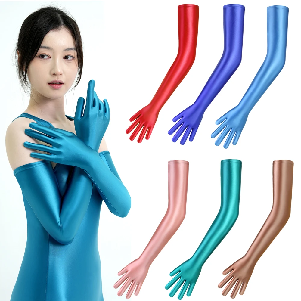 

MJINM Satin Oil Glossy Connected Finger Gloves Sexy Hgh Elasticity Ultra Long Gloves Shiny Role-playing Clubwear Dress Gloves