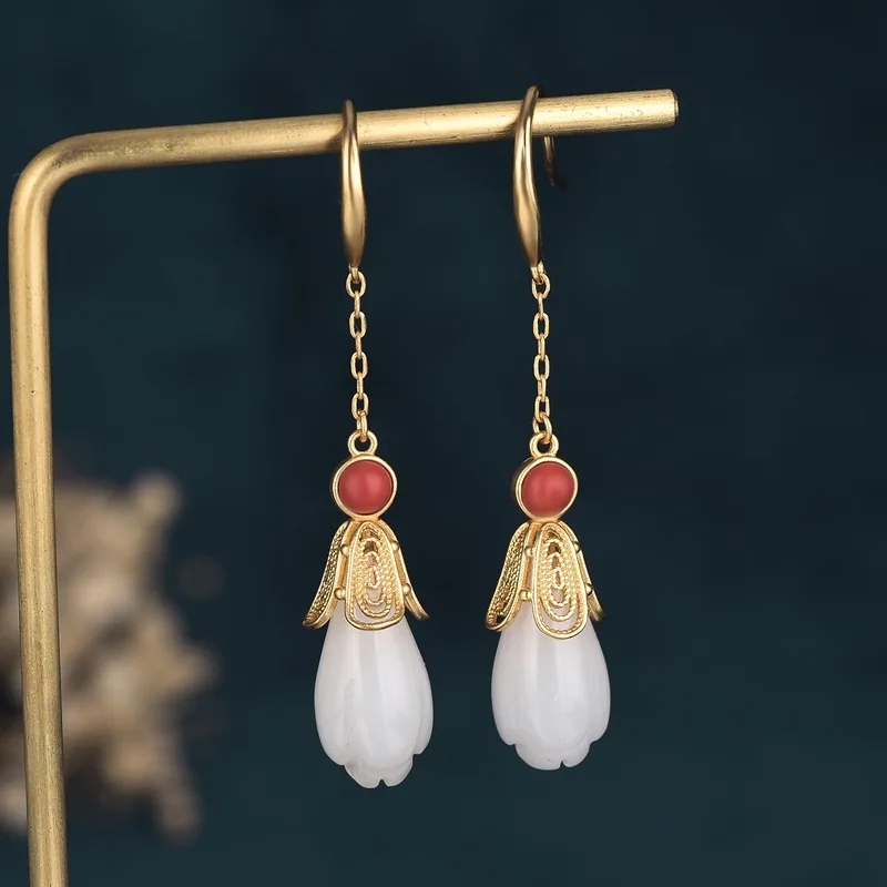 925 Silver Needle Imitation Hetian Jade Magnolia Earrings Copper Gold-plated Tassel Retro Drop Pendant Earrings Chinese Jewelry