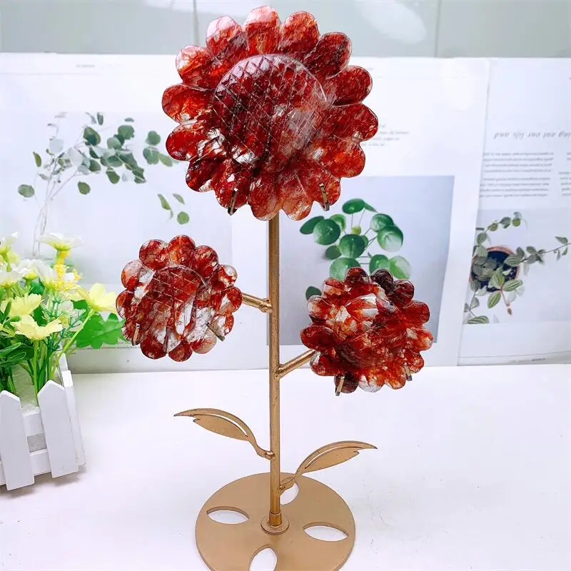 

Natural Red Fire Quartz Hematoid Sunflower Carving Healing Reiki Gemstone Gifts Home Room Decor 1pcs