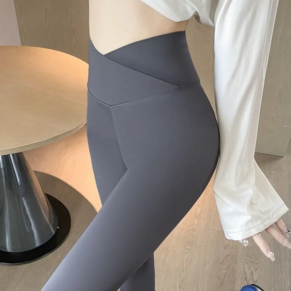 Elastic Cross Waist Design Women Leggings Thin Solid Color High Waist Leggings Abdominal Tightening All Match Yoga Pants Workout