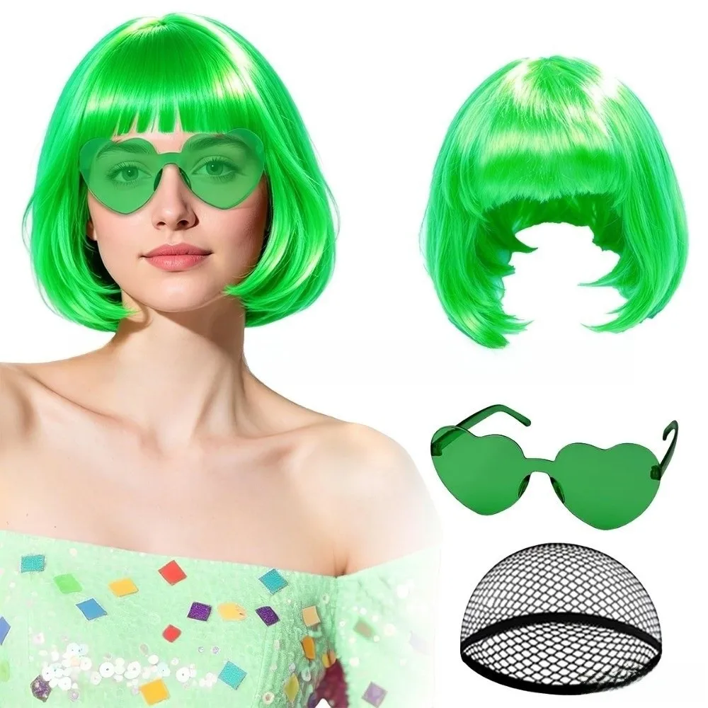 3Pcs Colorful Short Bob Hair Wig Christmas Party Cosplay Wig Set with Hairnet and Glasses Halloween Role-playing Short Hair Wig