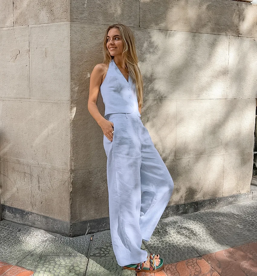 

Elegant Cotton Linen Light Blue Hanging Neck Lace-up Vest Suit Autumn Loose Long Pants Casual 2 Piece Set Lady Clothes