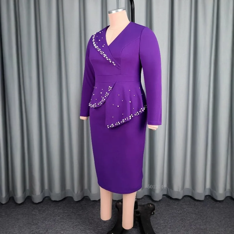 الأرجواني حجم كبير فساتين الأفريقية للنساء L-4XL الخريف أنيقة الأفريقية طويلة الأكمام الخامس الرقبة حفلة سهرة Bodycon فساتين متوسطة الطول #4