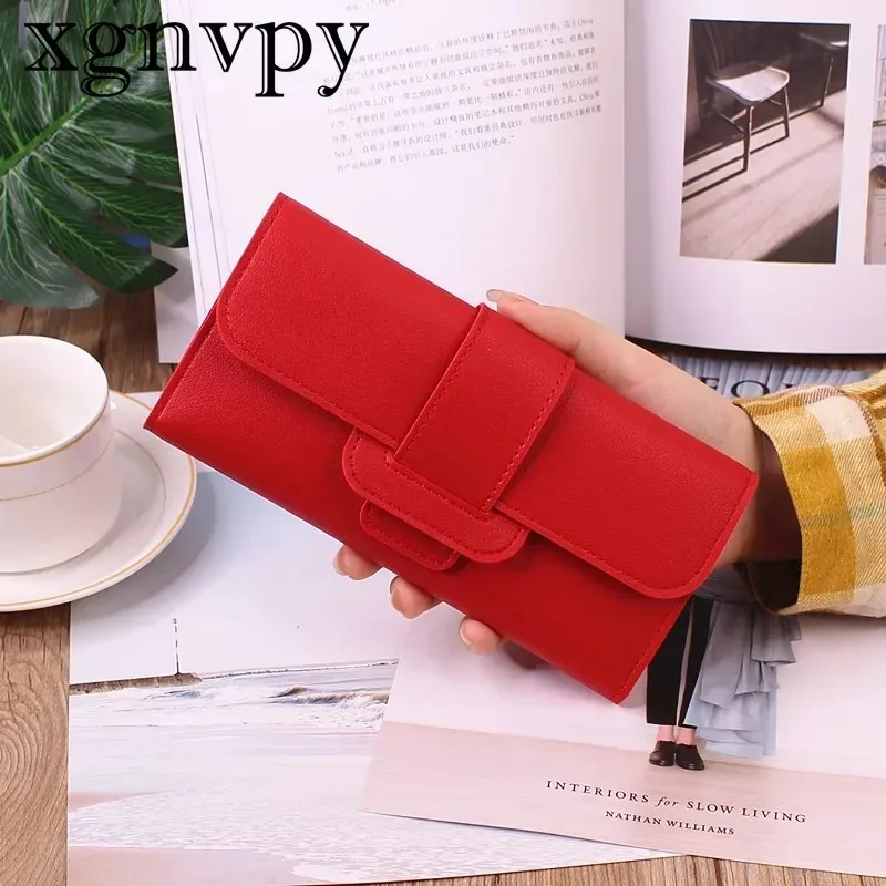 Xgnvpy Leather Women Wallets Luxury Long Hasp Fold-over Pattern Coin Purses Female Brand Solid Colors New Thin Clutch Phone Bag