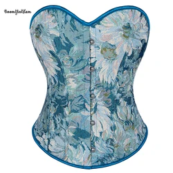 Blue Vintage Korset Women Overbust Top Plus Size S-6XL Renaissance Lace Trimmer Boned Floral Corselet