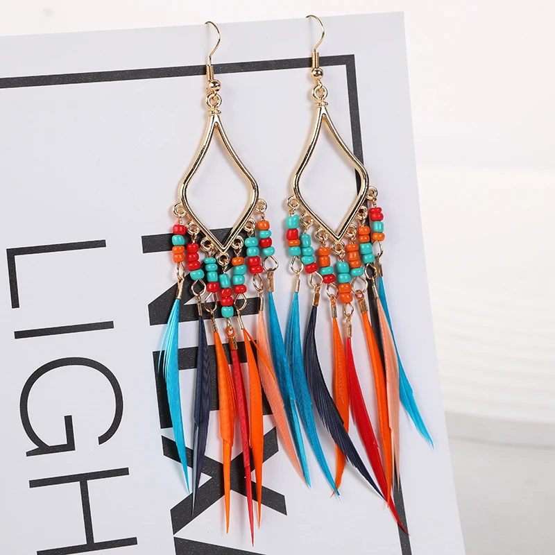 Summer Hot Colorful Beads Feather Long Pendant Earrings for Women Bohemian Style Fashion Tassel Earrings Jewelry Accessories - Image 6