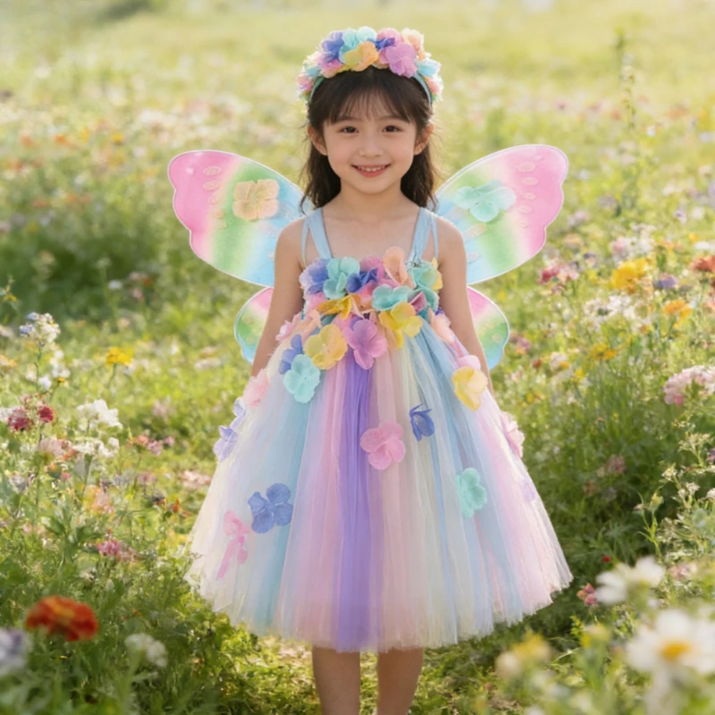 

Pastel Flower Petals Long Fairy Dresses for Girls Princess Ball Gown with Glittery Wings Kids Full Length Butterfly Elf Costumes