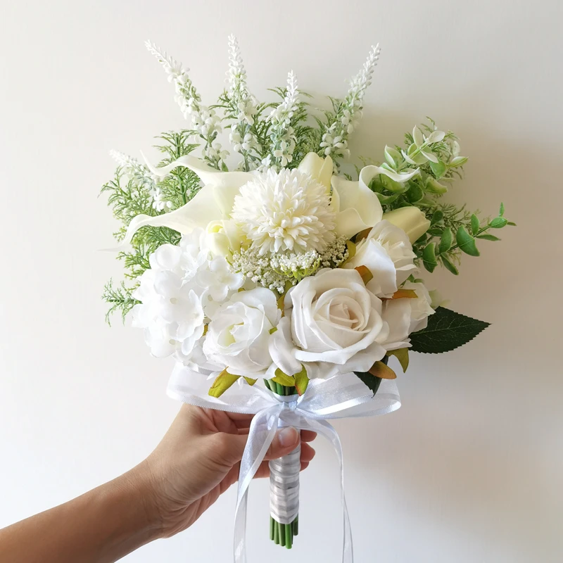 Ramo de boda para dama de honor, Hortensia blanca, lirio, Rosa Blanca, ramos de novia para tirar