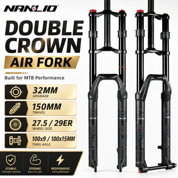 Amortyzowany widelec rowerowy Nanlio Double Crown, skok 150mm, 27.5/29 cali, widelec przedni MTB, oś 15mm/9mm, widelec do roweru górskiego.