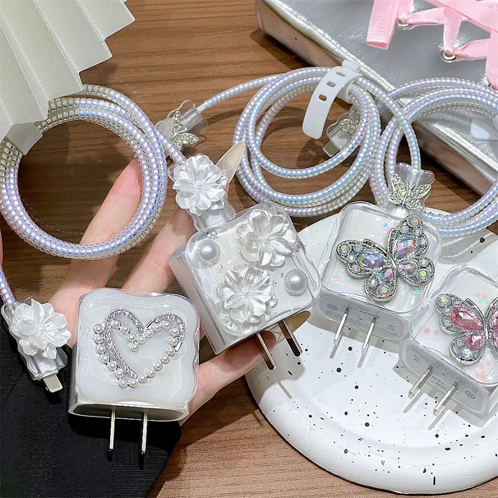 Diamond Butterfly Charging Data Cable Protector Winder Accessories for iPhone 18/20w Fast Charger Protective Cases Cover Sleeve