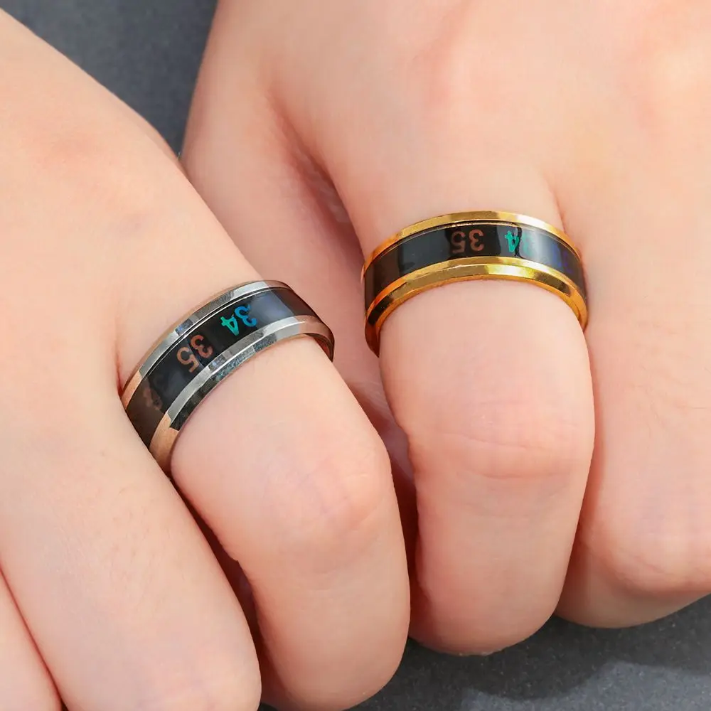 Hot Jewelry Gift Creative Stainless Steel Mood Rings Thermometer Display Temperature Measurement Ring