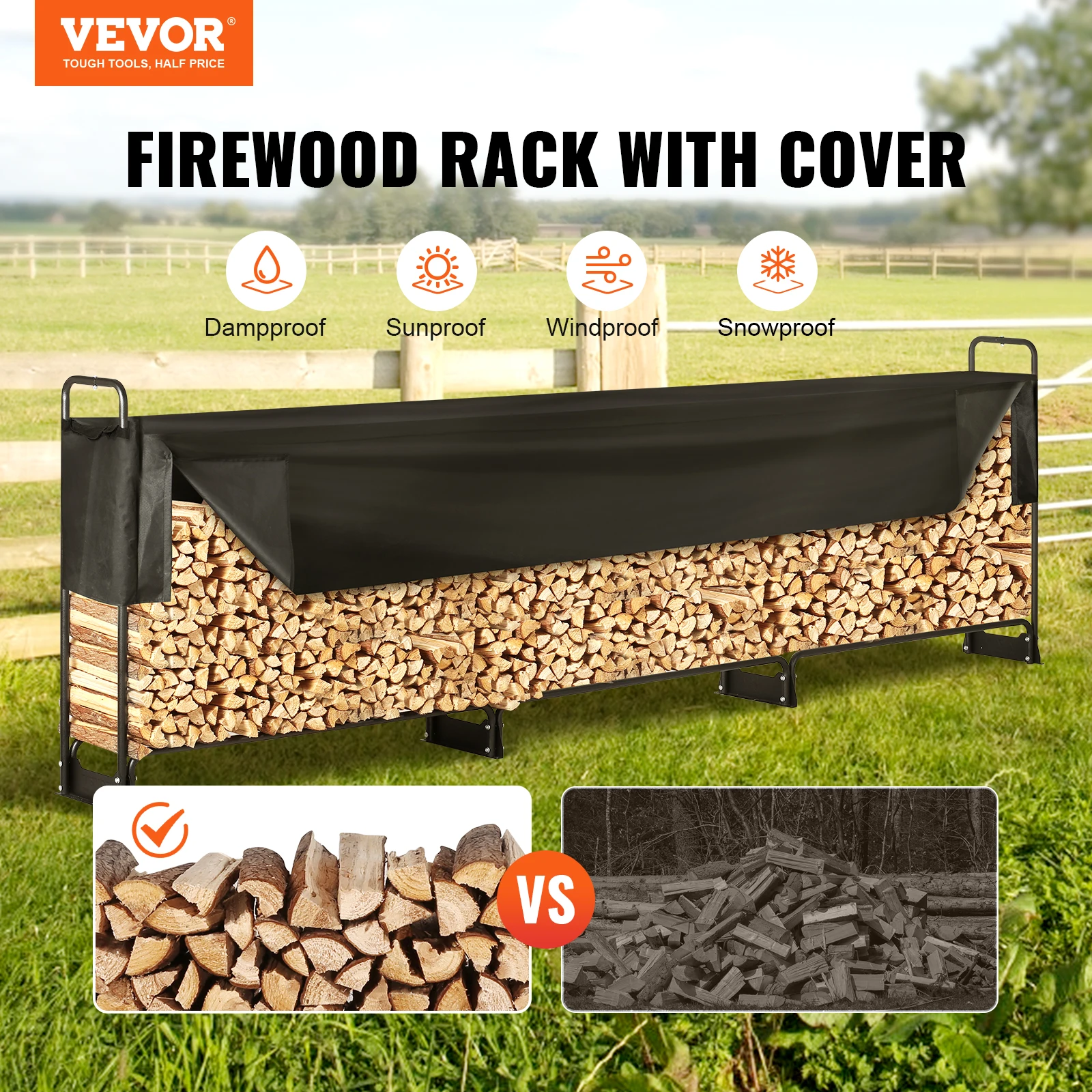 VEVOR 12.7FT Outdoor Firewood Rack with Cover Heavy Duty Firewood Holder & 600D Oxford Waterproof Cover for Fireplace Patio