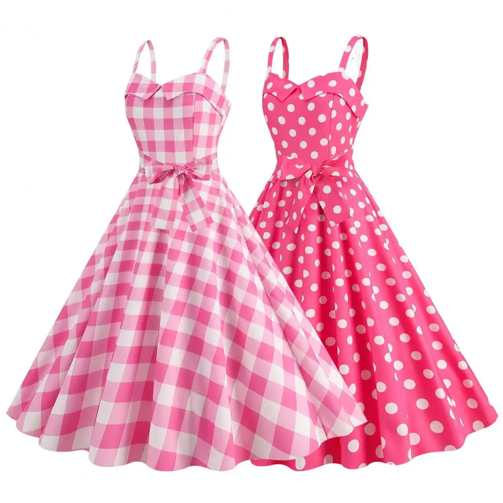 

Elegant Pink Summer Plaid Dress Movie Barbi Pink Dress for Women Princess Robbie Lace-up Dresses