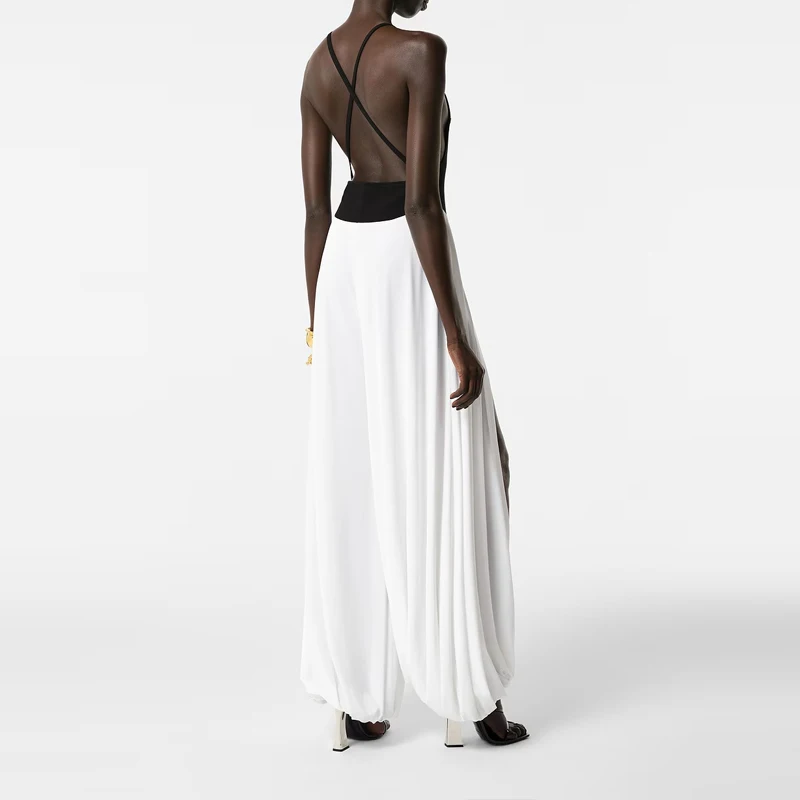 Contrasting Colors Splicing Sling Jumpsuit Elegant Deep V-neck Sleeveless Party Romper Women Fashion Waist Hollow Pant Playsuit
