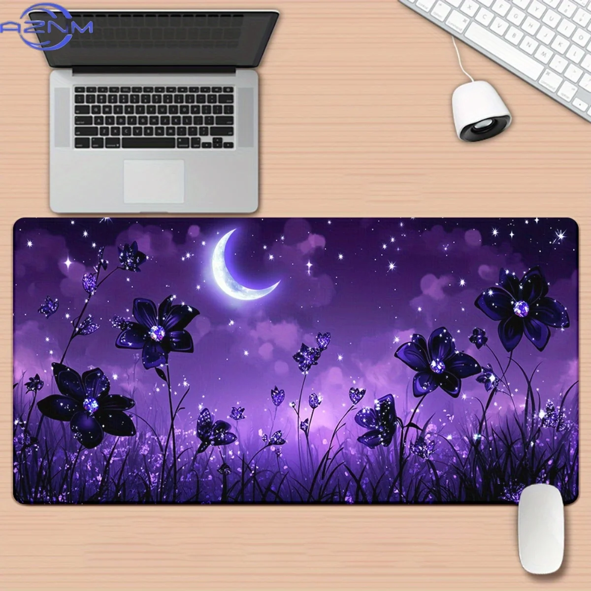 1pc Purple Night Floral Silhouette HD Printed XXL Mousepad - Vibrant Desk Mat with Crescent Moon & Stars, Non-Slip Rubber Base,