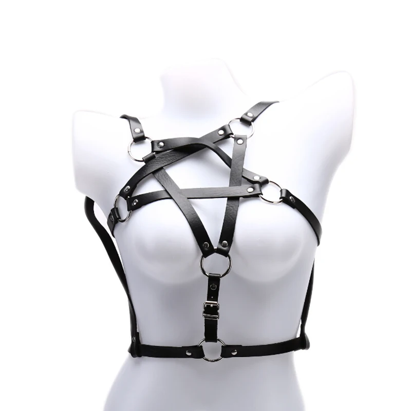 Kobieta Pentagram Punk Style PU skórzane szelki biustonosz pasy seksowna bielizna body do bondage klatka Bralette gotycki biustonosz podwiązki
