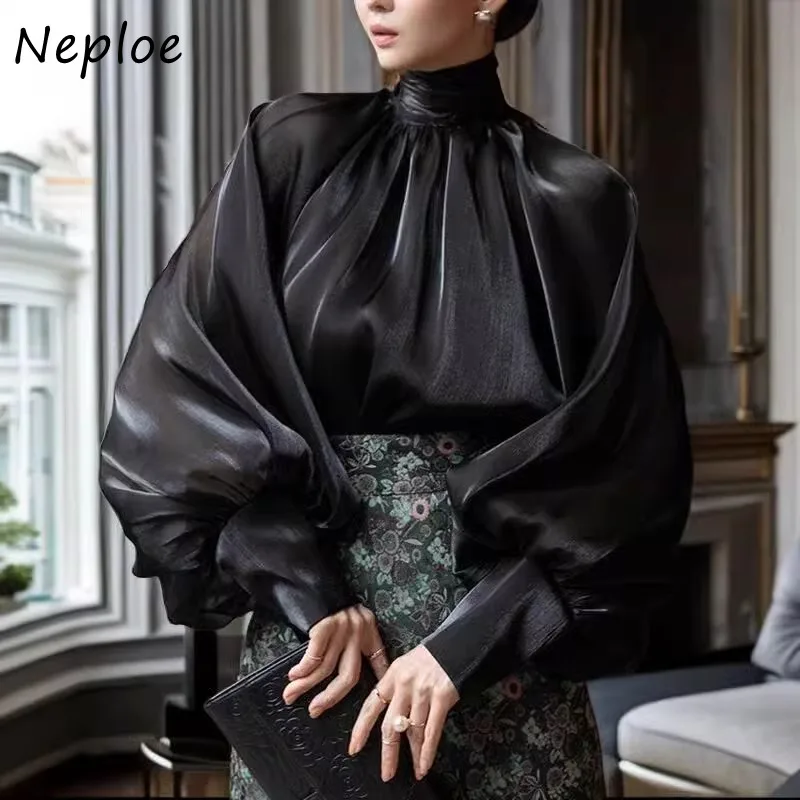 Neploe Elegant Vintage Bow Lace Up Shirts Women Y2k Lantern Sleeve Loose Blusas Mujer 2024 Summer New Organza Black Blouses