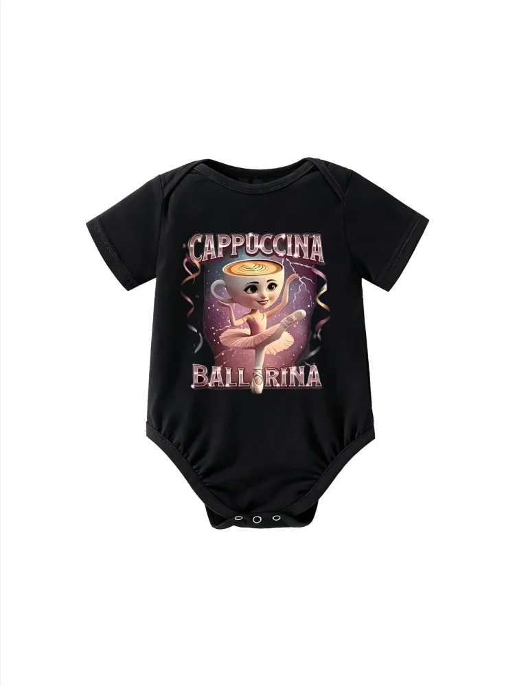 

​Baby Bodysuit Short Sleeve Cappuccina Ballerina Dancing Coffee Cup for Newborn Boys and Girls Whimsical Ballet Theme Outfit​