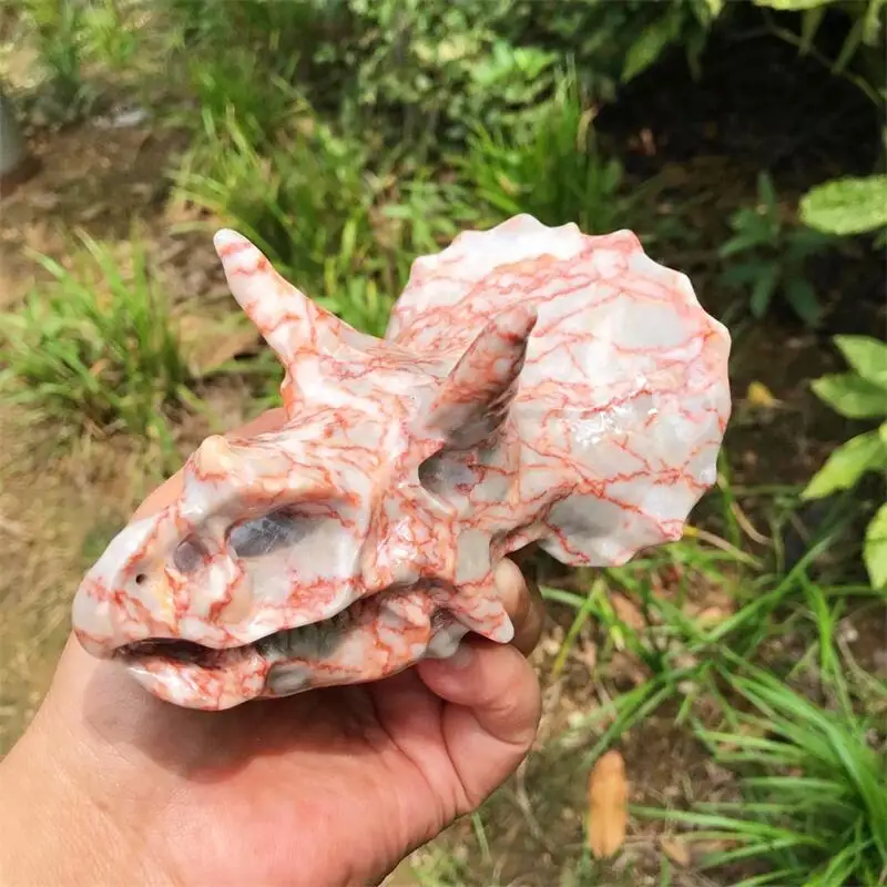 13CM Natural Red Network StoneDinosaur Skull Carving Hand Polished Reiki Healing Gift Room Home Decoration 1pcs