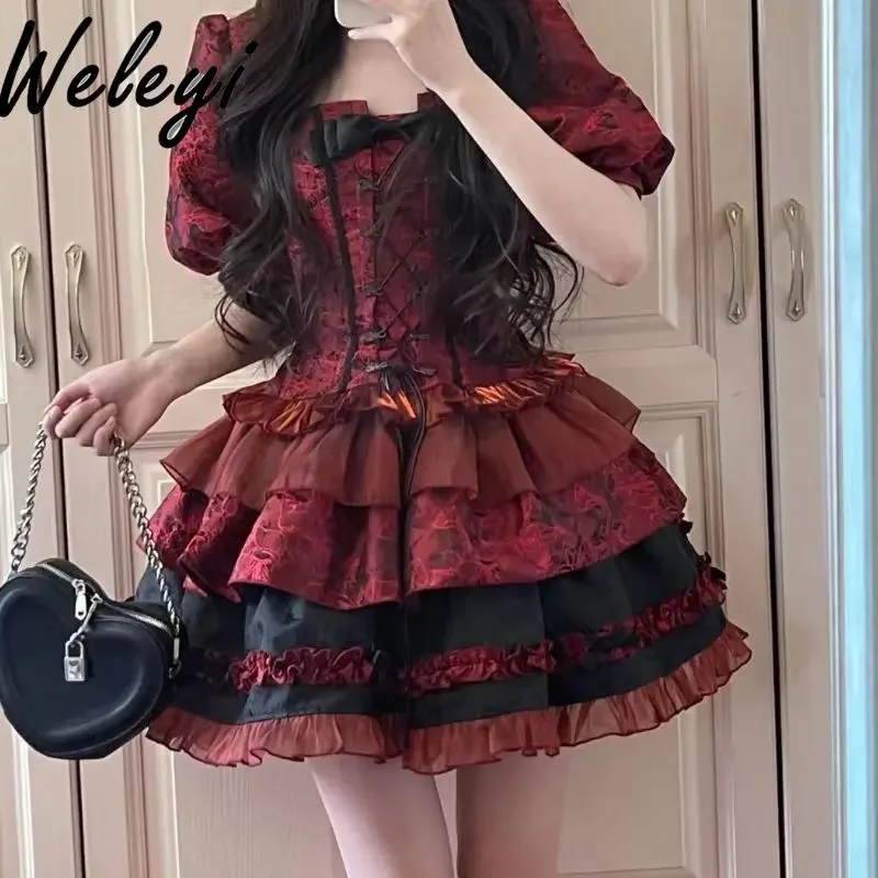 Conjunto de 3 piezas de Lolita de Halloween oscuro, Top de bañera con lazo de vendaje Jacquard rojo dulce y chaqueta corta ajustada de manga de burbuja, Falda corta para pastel