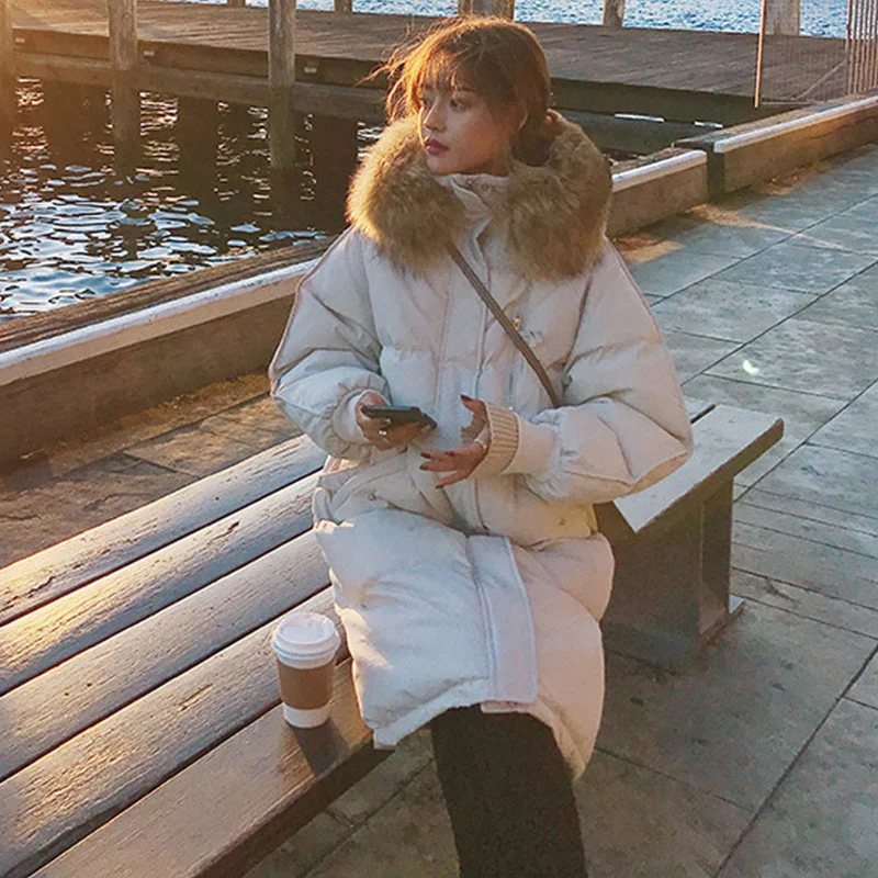 韓国風ルーズ厚手ミドル丈パーカー レディース 冬 フェイクファー襟付き 暖かいフード付きジャケット 女性用 ジッパーアップ ポケット付きコート