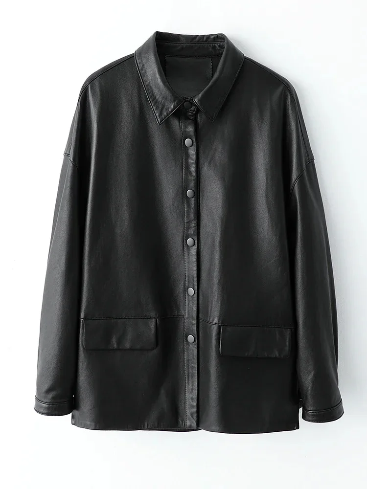 Veste en cuir véritable simple pour femme, manteau en peau de mouton véritable, noir doux, décontracté, tendance, haut de gamme, printemps, automne, 2024