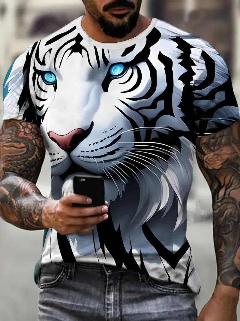 

New White Tiger Pattern 3D Printed Men's T-shirt Summer Daily Casual Fashion Round Neck Short Sleeve T-shirt Extra Large Men Top