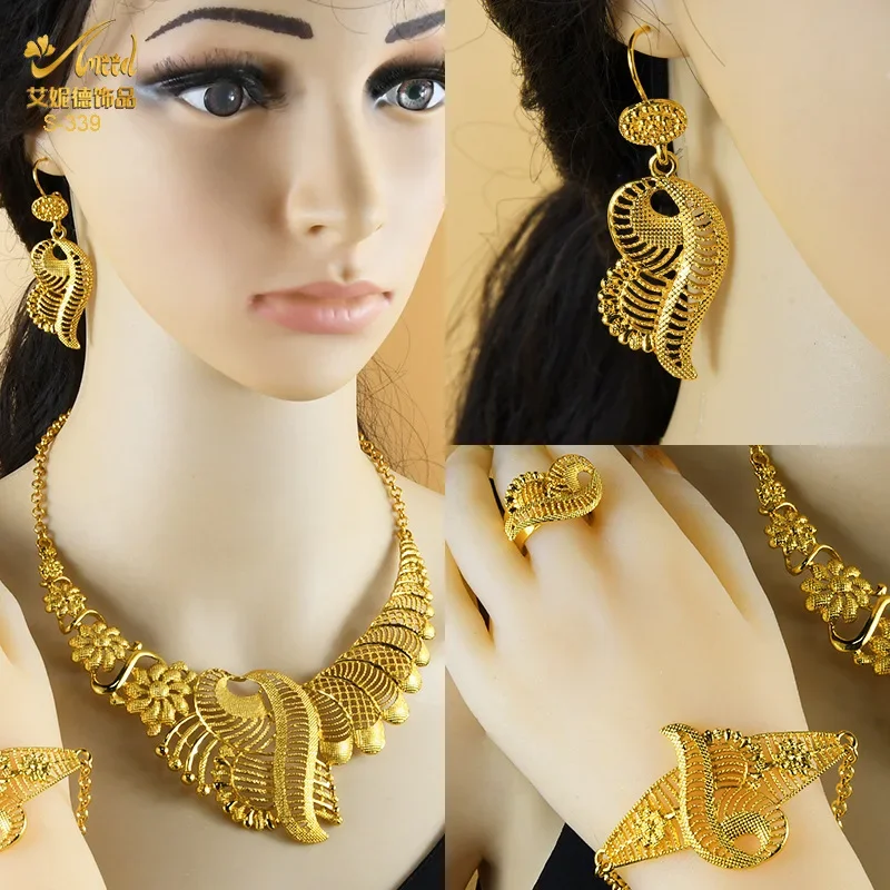 24k Gold Plated Arab Bridal Necklace Earrings Ring Bracelet Indian Ladies Jewelry Set