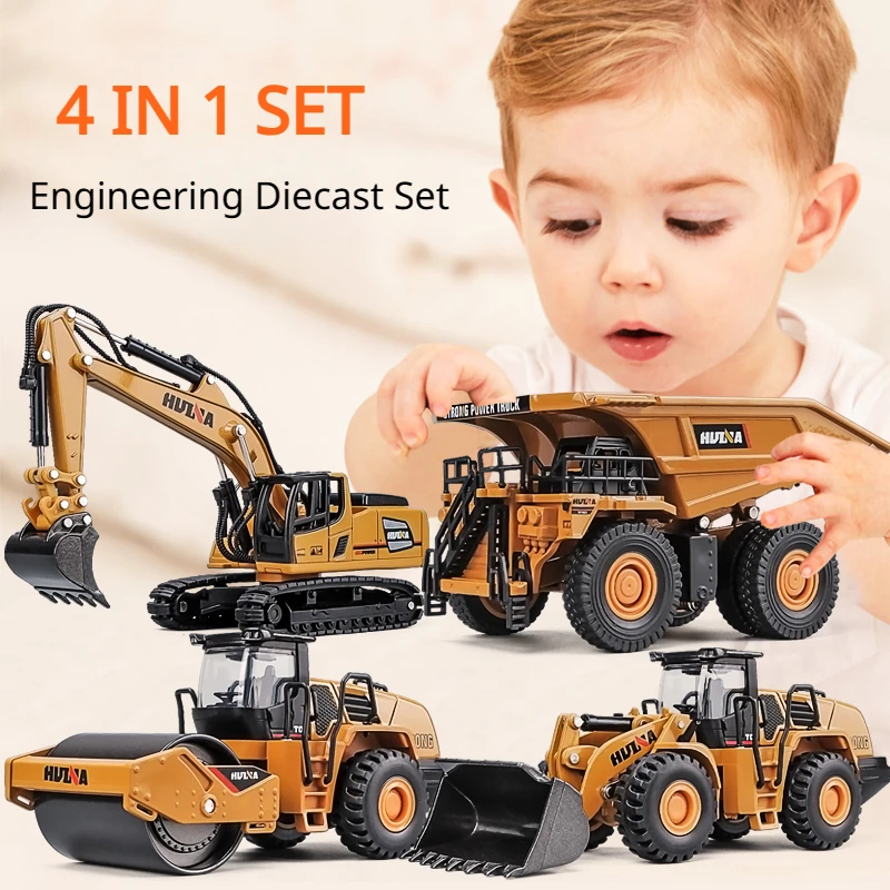 

4 in 1 Engineering Diecast Set 1:60 Scale Alloy Diecast Excavator Toy Car for Kids Boy Shovel Dump Bulldozer Roller Model Gift