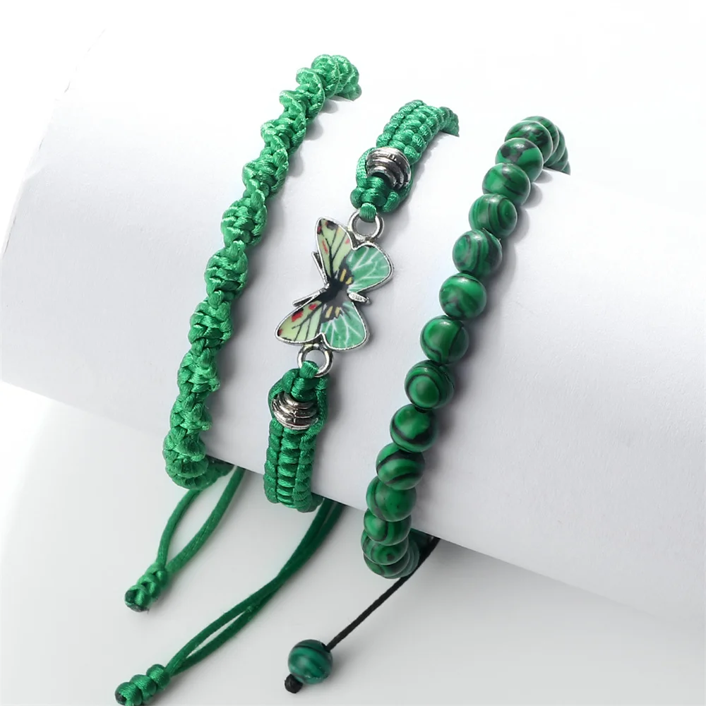 3pcs/set Butterfly Charm Bracelet for Women 6mm Black Lava Stone Malachite Tiger Eye Beaded Braided Bracelets & Bangles Jewelry