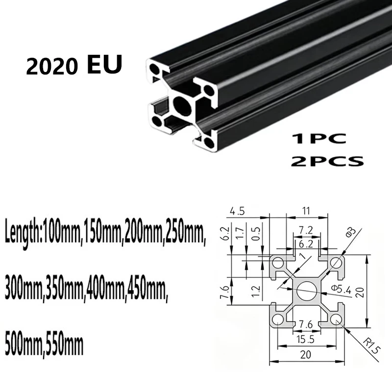 1/ 2PCS 2020 T-slot European Standard Anodized Aluminum Profile Extrusion 100mm 200 300mm 350mm 550mm Linear Rail CNC 3D Printer