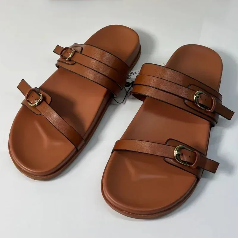 Buckle Strap Platform Slippers for Woman Classic Design Round Toe Leisure Soft Bottom Ladies Flat Shoes 2024 Summer Beach Slides