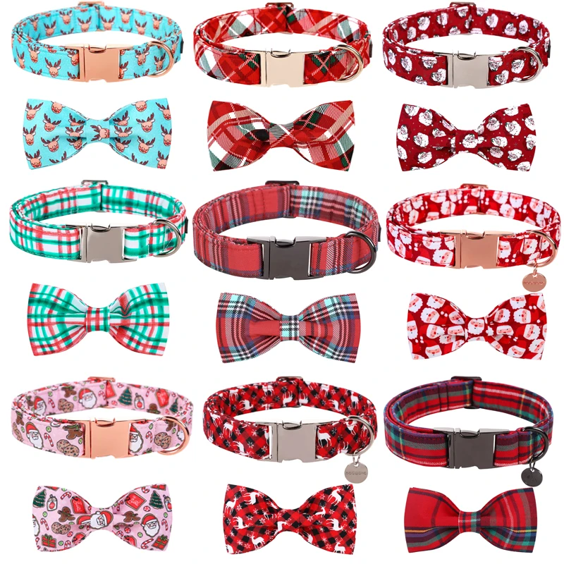 Unique Style Paws Personlized Christmas Dog Collar with Bow Red Plaid Deer Puppy Collar Flower Dog Collar Large Medium Small Dog